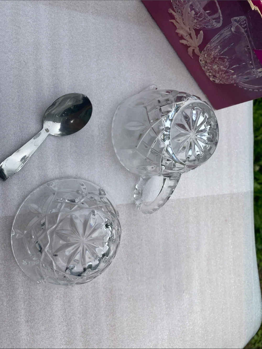 Crystal Gems 24% Lead Crystal Creamer Sugar Bowl Serving Spoon Original Box 1970